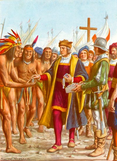 Colón embarcando en San Salvador distribuyendo cuentas, etc. a los nativos de Tancredi Scarpelli