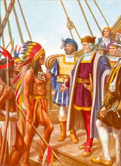 Colón recibiendo a bordo de la Santa María al Cacicco Guacanagari, jefe de los nativos de Tancredi Scarpelli