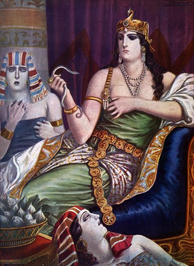 Antigüedad egipcia: "La muerte de Cleopatra" La reina de Egipto Cleopatra VII Thea Philopator (69-30 a.C.) se suicida al ser mordida por dos serpientes áspides (Suicidio de Egipto Cleopatra) Ilustración de Tancredi Scarpelli (1866-1937) de "Storia d
