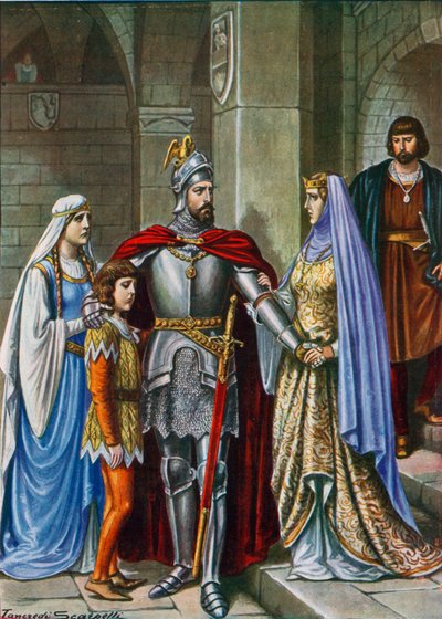Elena y sus hijos despidiéndose de Manfredo, muerto en la Batalla de Benevento de Tancredi Scarpelli
