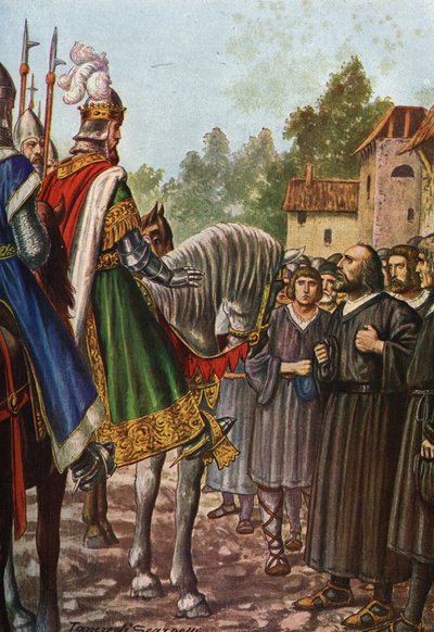 El emperador Federico I Barberossa (1122-1190), en su segundo viaje a Italia en 1158, pasa por el río Adda y se encuentra con el pueblo de Lodi, que le ruega que le devuelva su territorio. Tancredi Scarpelli (1866-1937) de "Storia d