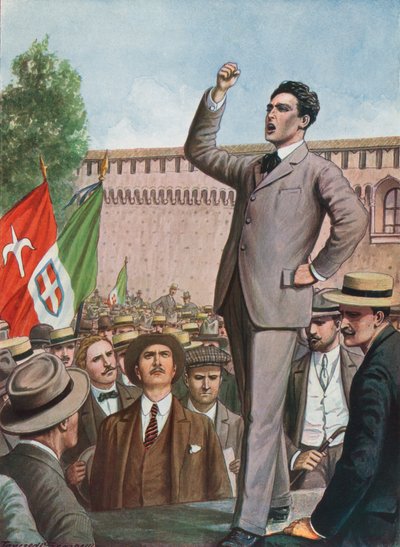 Filippo Corridoni habla a la multitud en Milán exigiendo la intervención de Italia en la guerra de Tancredi Scarpelli