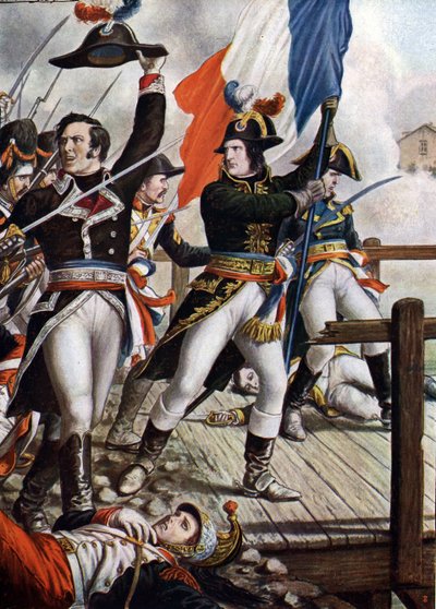 Primera campaña de Italia: Napoleón Bonaparte (1769-1821) en la batalla del puente de Arcole, noviembre de 1796" (Napoleón Bonaparte durante la batalla del puente de Arcole (Arcola), noviembre de 1796) Ilustración de Tancredi Scarpelli (1866-1937) de "Stor de Tancredi Scarpelli