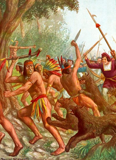 Indios perseguidos por perros usados por los españoles en batalla de Tancredi Scarpelli