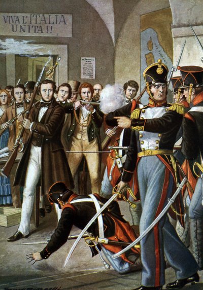 Movimientos insurreccionales de 1830: El arresto de Ciro Menotti (1798-1831) patriota italiano miembro del Movimiento Carbonari (Carbonería) a Modene, en 1830, Italia" (Asalto a la casa de Ciro Menotti durante la revuelta de Módena, Italia 1830) Ilustració de Tancredi Scarpelli