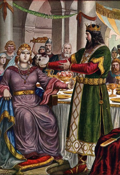 El rey lombardo Alboin (c. 526-572) obliga a su esposa, la princesa gépida Rosemunda (muerta en 572) a beber de una copa formada por el cráneo de su padre Cunimundo en un banquete en Verona, Italia de Tancredi Scarpelli