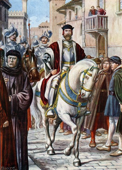 Retrato de Cosme (Ven) I de Toscana (Cosme de Medici) (1519-1574), circulando por las calles de Florencia, rodeado de miembros de su milicia compuesta por soldados españoles y alemanes (Retrato de Cosme I de Medici, Gran Duque de Toscana, protegido de Tancredi Scarpelli