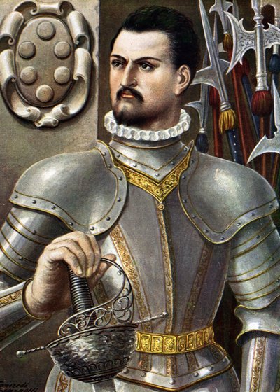 Retrato de Jean de Medicis conocido como Jean des Bands Noires (Giovanni dalle Bande Nere) (1498-1526) condottiero italiano Ilustración de Tancredi Scarpelli (1866-1937) de "Storia d