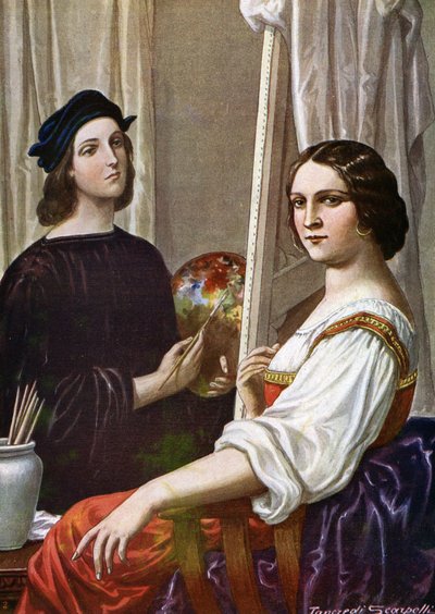 Retrato del pintor Rafael (Raffaello Sanzio 1483 - 1520) pintando a la Fornarina (El pintor italiano Rafael y la joven llamada la Fornarina) Ilustración de Tancredi Scarpelli (1866-1937) de "Storia d