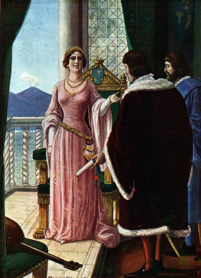 La reina Juana II de Nápoles (Giovanna di Napoli o Anjou Durazzo) (1373-1435) designa a su hijo adoptivo Luis III de Anjou (1403-1434) (La reina Juana II de Nápoles elige a Luis III como rey de Nápoles) Ilustración de Tancredi Scarpelli (1866-1937) de "Sto de Tancredi Scarpelli