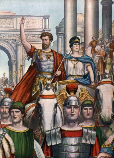 Antigüedad romana: El emperador Septimio Severo (145-211) regresa a Roma con su esposa Julia Domna (170-217) en 193 d.C." (El emperador romano Septimio Severo y su esposa Julia Domna entran en Roma de Tancredi Scarpelli