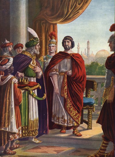 Antigüedad romana: El emperador Juliano el Apóstata (Juliano el Filósofo o Juliano II) vencido por el rey persa Shapur II en el 363 d.C." (El emperador romano Juliano el Apóstata (Juliano el Filósofo) y el rey de Persia Shapur II, 363 d.C.) Ilustración de  de Tancredi Scarpelli