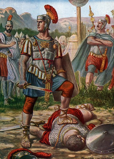 Antigüedad romana: representación del cónsul Tito Manlio Imperio Torcuato derrotando a un galo en el 361 a.C. - (Tito Manlio Torcuato luchando contra un guerrero galo que desafió al ejército romano y lo mata, 361 a.C.) Ilustración de Tancredi Scarpelli (18 de Tancredi Scarpelli