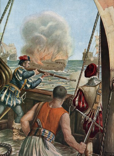 Segunda expedición a la India (1502-1503) "Batalla naval entre la flota portuguesa de Vasco de Gama y la de Calicut, los portugueses disparan al barco musulmán Miri cargan pelerins que regresaban de La Meca, 3/10/1502" (segundo viaje de Vasco de Gama (1502 de Tancredi Scarpelli