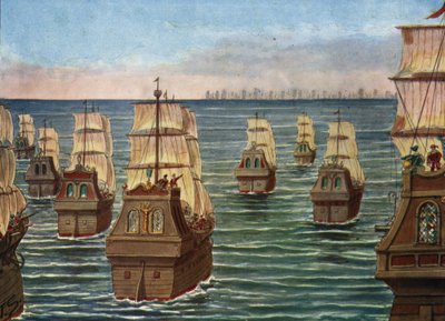 La batalla de Cannanor tuvo lugar en marzo de 1506 frente al puerto de Cannanore, en la India, entre la flota india de los Samorin de Calicut y una flota portuguesa al mando de Lourenco de Almeida, hijo del virrey Almeida) Ilustración de Tancredi Scarpelli de Tancredi Scarpelli