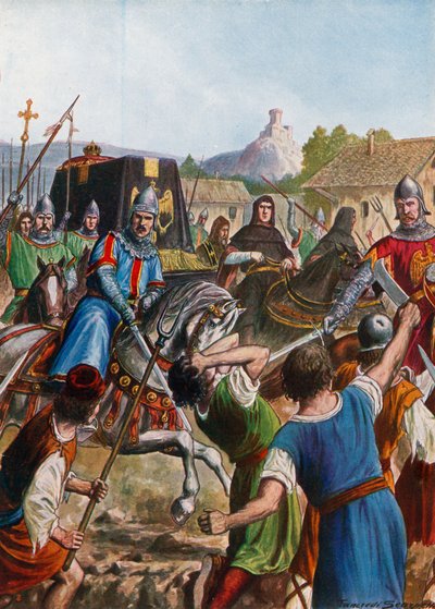 El ataúd de Otto II, emperador del Sacro Imperio Romano, pasando entre multitudes de italianos en revuelta de Tancredi Scarpelli