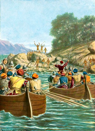 La expedición de Vicente Yáñez Pinzón enfrentando la hostilidad de los nativos del Nuevo Mundo de Tancredi Scarpelli