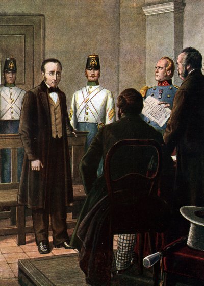 Lectura de la carta de sentencia por la que se condena a Silvio Pellico (1789 - 1854) y a Piero Maroncelli (1795 - 1846) a ser encarcelados en la fortaleza de Spielberg en Brno por su pertenencia al movimiento Carbonari (Charbonnerie o carbonería) de Tancredi Scarpelli