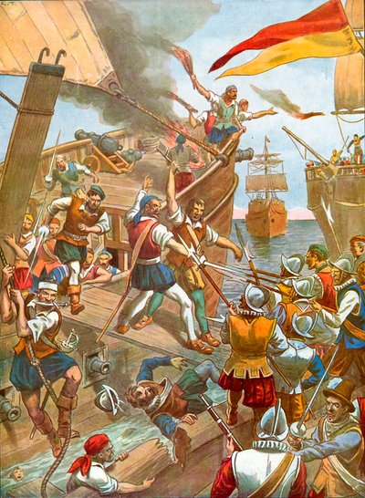 El barco San Gabriele de la flota de Loayse siendo atacado por tres barcos franceses de Tancredi Scarpelli