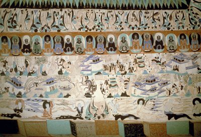 Buda y escenas de la vida cotidiana, fresco de la dinastía Tang, China, siglos VII-X de Tang Dynasty Chinese School