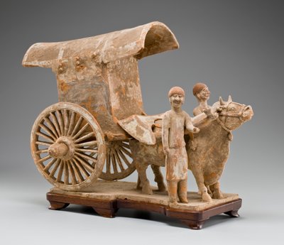 Carro de bueyes de dos ruedas con buey y dos asistentes de pie de Tang Dynasty Chinese School