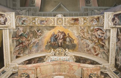 Cristo en Gloria con San Gaudencio y en el arco Zacarías, Moisés y el Rey David de Tanzio da Varallo