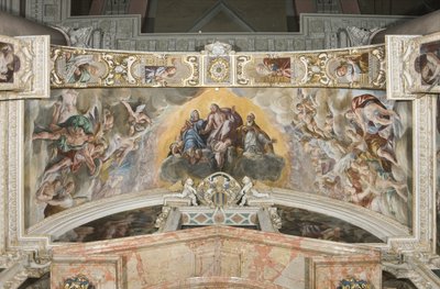 Cristo en gloria con San Gaudencio y en el arco Zacarías, Moisés y el Rey David de Tanzio da Varallo