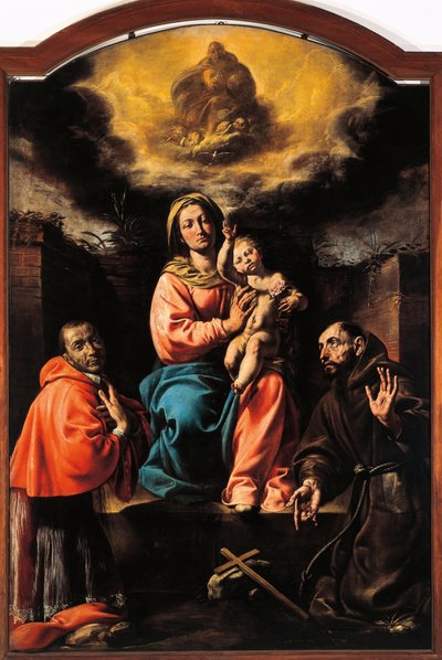 Italia, Varallo, pintura de Madonna y Niño con San Francisco y San Carlos de Tanzio da Varallo