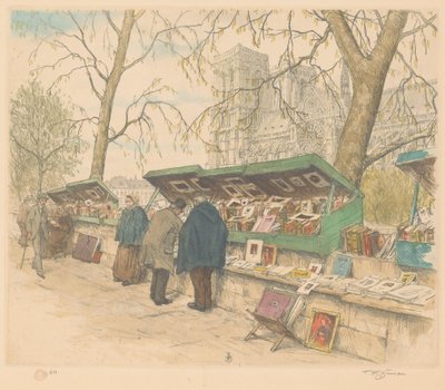 Puestos de libros en el Quai de Montebello, Notre-Dame al fondo de Tavík František Šimon (signed by artist)