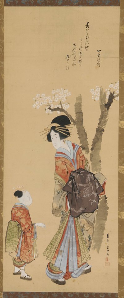 Una cortesana y su asistente bajo un cerezo, finales del siglo XVIII-principios del siglo XIX de Tawaraya Sōri