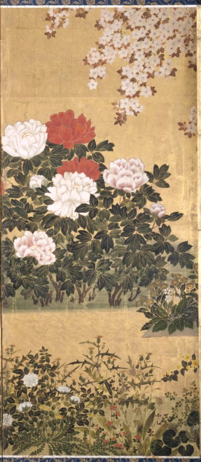 Flowers And Butterflies (tinta, color y pan de oro sobre papel) de Tawaraya Sotatsu