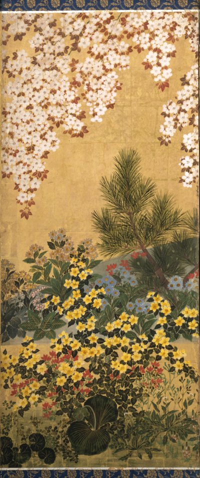 Flowers And Butterflies (tinta, color y pan de oro sobre papel) de Tawaraya Sotatsu