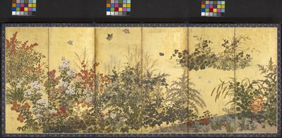 Flowers And Butterflies (tinta, color y pan de oro sobre papel) de Tawaraya Sotatsu