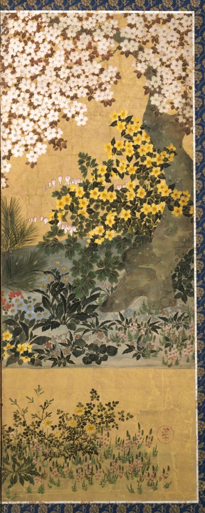 Flowers And Butterflies (tinta, color y pan de oro sobre papel) de Tawaraya Sotatsu