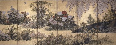 Flores y mariposas (tinta, color y pan de oro sobre papel) de Tawaraya Sotatsu