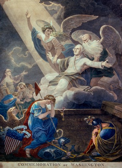 Grabado coloreado de la gloria de George Washington elevada al cielo por el Tiempo y la Inmortalidad, grabado en Filadelfia, c.1799 (grabado) (foto) de Ted Spiegel