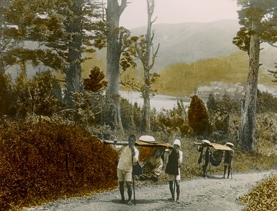 Niña japonesa en un Kago, región de Hakone, hacia 1900 - 1915 (fotografía) de Teijiro Takagi