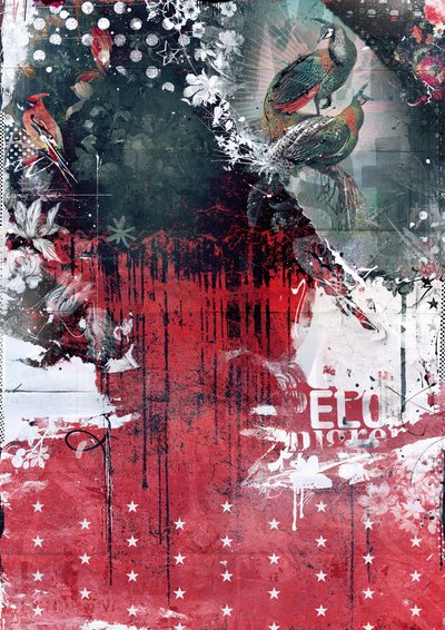 Pavos reales en un árbol, 2016 (Collage sobre lienzo) de Teis Albers