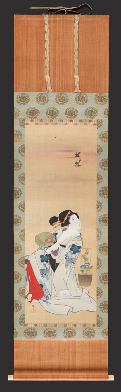 Belleza sosteniendo un abanico sentada junto a una maceta de gloria de la mañana, c.1830-44 de Teisai Hokuba
