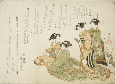 Cuatro cortesanas tocando música con samisen de Teisai Hokuba