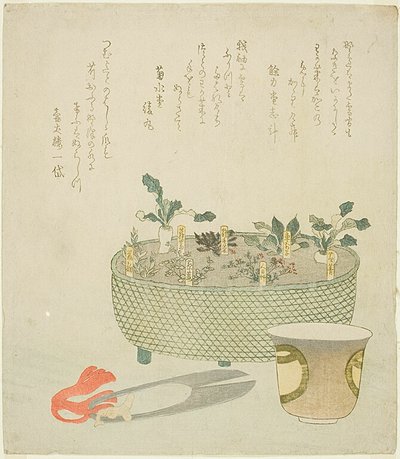 Las siete hierbas (Nanakusa), con tijeras y taza de té de Teisai Hokuba