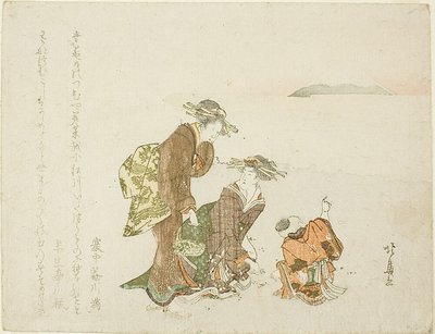 Dos chicas y un chico en la orilla de Teisai Hokuba