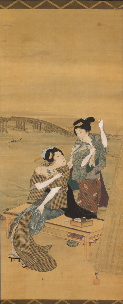 Dos bellas mujeres hacen una pausa en una tetería con vistas al puente de Azuma de Teisai Hokuba