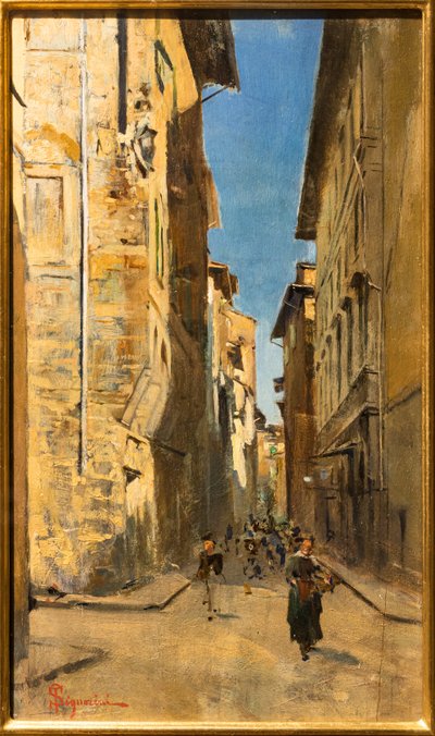Vista parcial de una calle del centro histórico de Florencia, c.1880 (óleo sobre tabla) de Telemaco Signorini