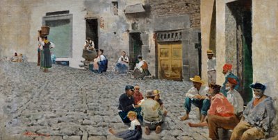 Marineros en Riomaggiore, c.1892-93 (óleo sobre lienzo) de Telemaco Signorini