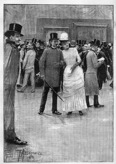 Visitantes a la exposición de dibujos de la Ecole Moderne en la Ecole des Beaux Arts en París. Dibujo de Mr. Axentowicz. Grabado en “Le Monde Illustré” de Teodor Axentowicz