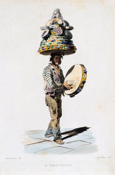 El hombre del tamboril, grabado por Giovanni Fusaro (1803-1894) de un dibujo de Teodoro Duclere (1816-1867). Italia de Teodoro Duclere