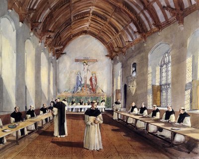 Dibujo de reconstrucción del refectorio del monasterio cisterciense de la abadía de Cleeve, 1991 de Terry Ball