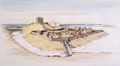 Castillo de York como podría haber lucido poco después de su construcción, con la catedral al fondo, 1985 de Terry Ball