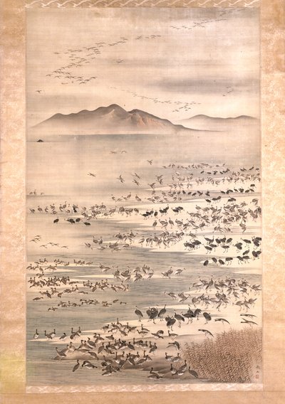 Myriad Of Aquatic Birds (tinta y color sobre seda) de Tetsuzan Mori
